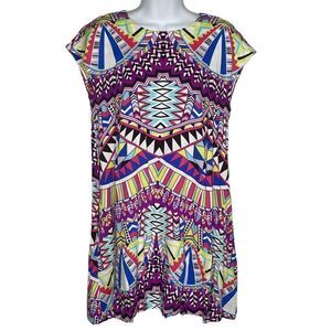 𝅺uncle Frank Multi-Colored Print Mini Shift Dress XS 100% Rayon Pockets